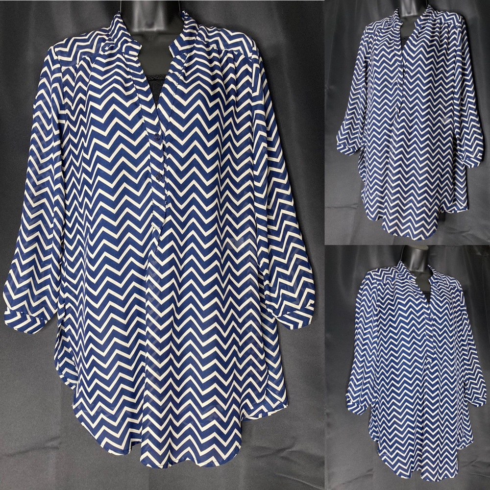 Cato Navy blue and white chevron print blouse